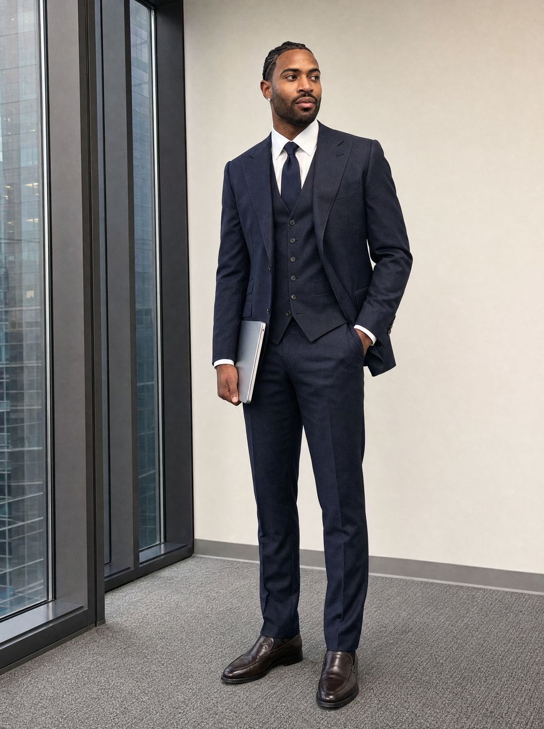 Jonah Hamilton in a navy three-piece suit, standing by an office window, holding a closed laptop.
